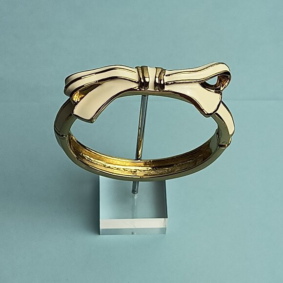 RIBBON BOW Enamel Shape Hinged Bangle Bracelet White Gold Plated - Picture 3 of 9